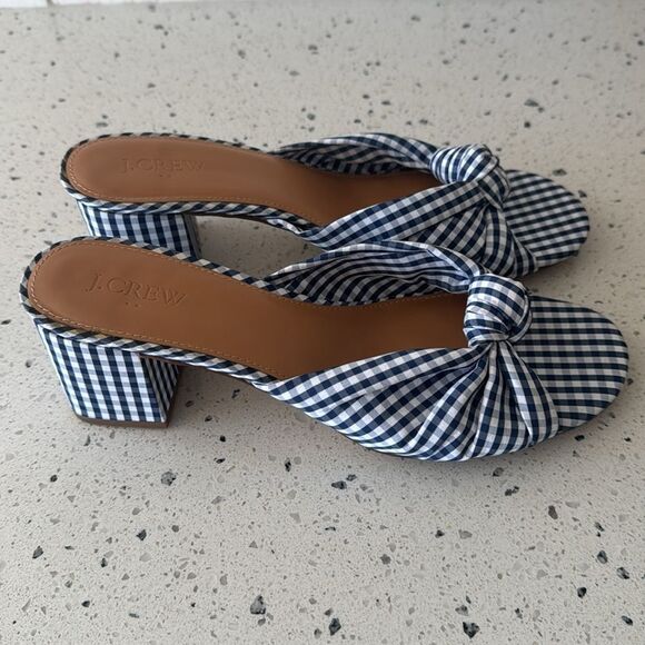 J. Crew Navy Gingham Knot Sandals Printed Mid Block Heel Women’s Size 10 EUC - Picture 11 of 14